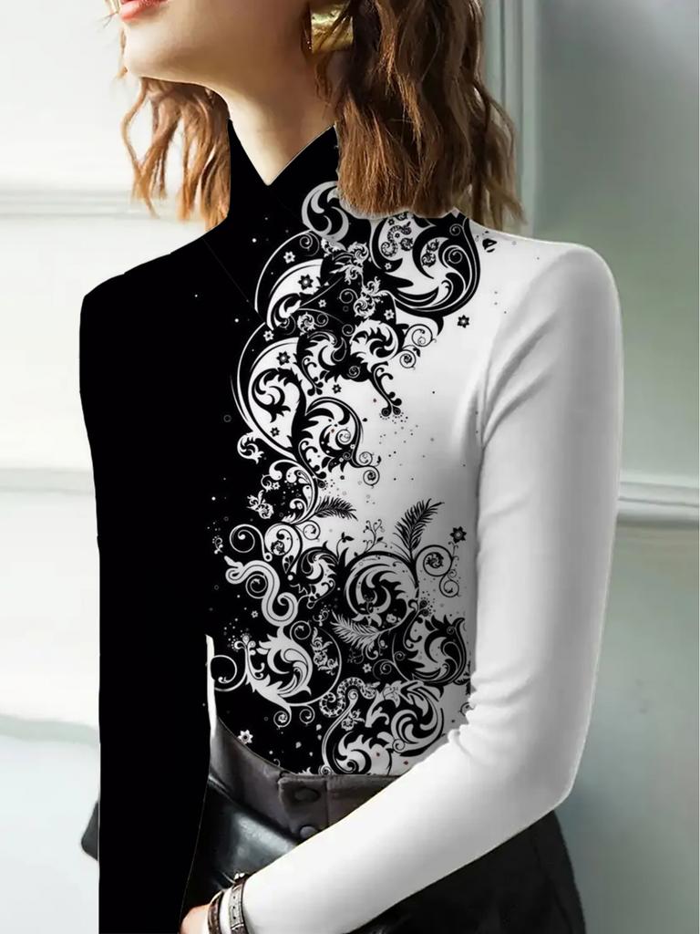Elegant floral print qipao collar T-shirt, suitable for women—long sleeves, machine washable—perfect for autumn and winter, high neck design