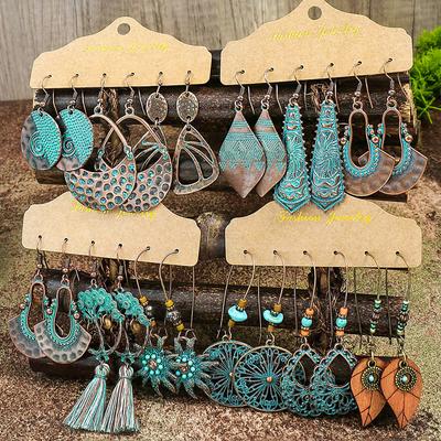 Brincos Pendentes Étnicos Vintage Turquesas para Mulheres Boêmios Vazados Geométricos Contas Borla Brincos Festa Meninas Zircônia Presentes