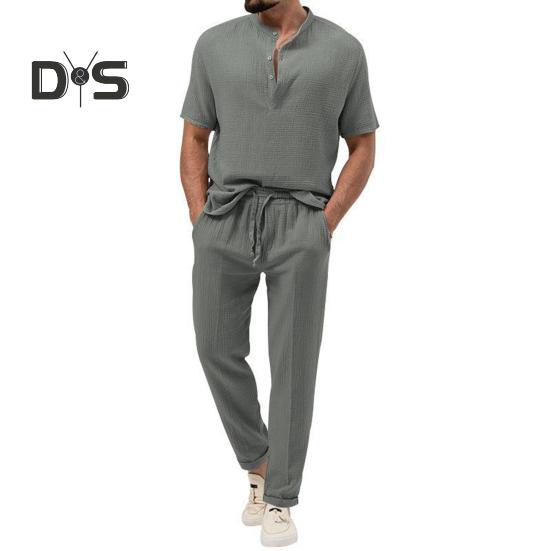 

Комплект из 2 предметов: мужской летний наряд, воротник-стойка, пуговицы, вырез, короткий рукав, футболка, эластичный пояс, шнурок, карманы, длинные брюки XL темно-серого