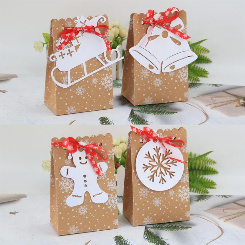European Retro Kraft Paper Candy Box, Christmas Kraft Paper Snowflake Candy Paper Bag 4 Christmas Cards