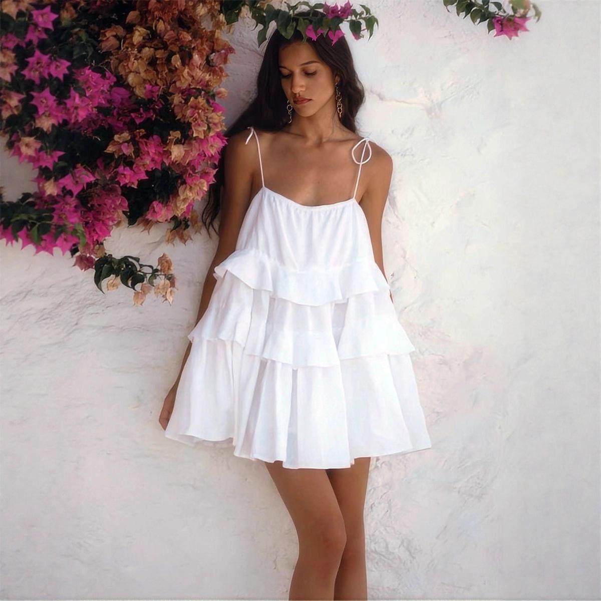 Европейское и американское летнее платье-юбка с рюшами на бретельках Small белый