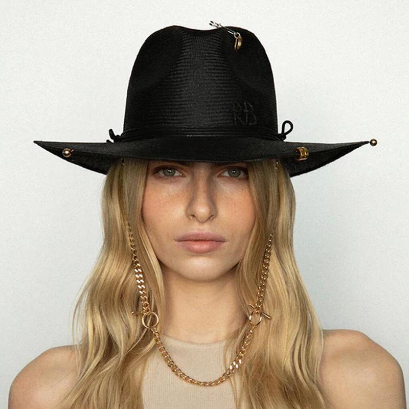 Cappello Fedora di Paglia da Donna con Accento a Catena - Pieghevole UPF 50+ Cappello da Sole da Spiaggia, Bohemien Vacanza Pieghevole Moda Estiva