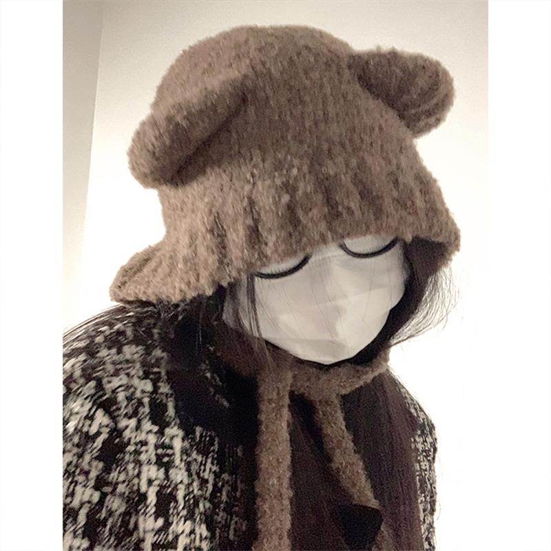 2020Korean Cute Bear Ear Knitted Hat Fashion Y2K Lace-Up Ear Protection Cap Autumn And Winter Windproof Hat Solid Color Beanies Cap