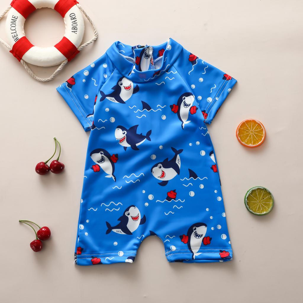 0-5years Baby Boys Summer Romper Swimwear Cartoon Shark Patterns Short Sleeve Zipper Swimsuits For Kids Boys Shark Bathing Suit