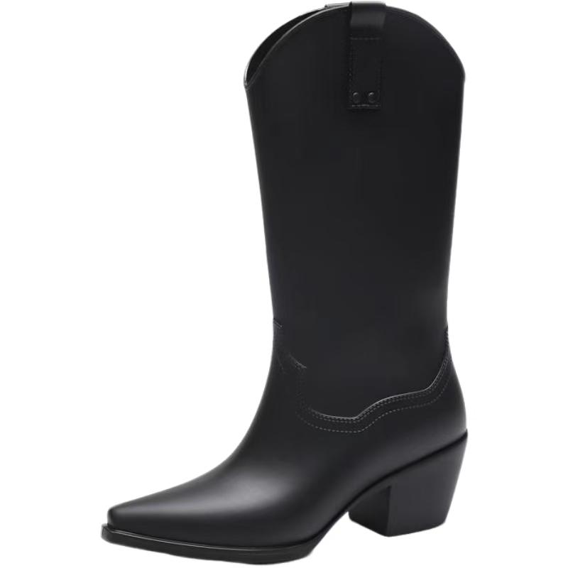 Women New Block Heel High Top Rain Boots Four Seasons Thick Sole Waterproof Non Slip Outdoor Fashionable High Heel Water Shoes