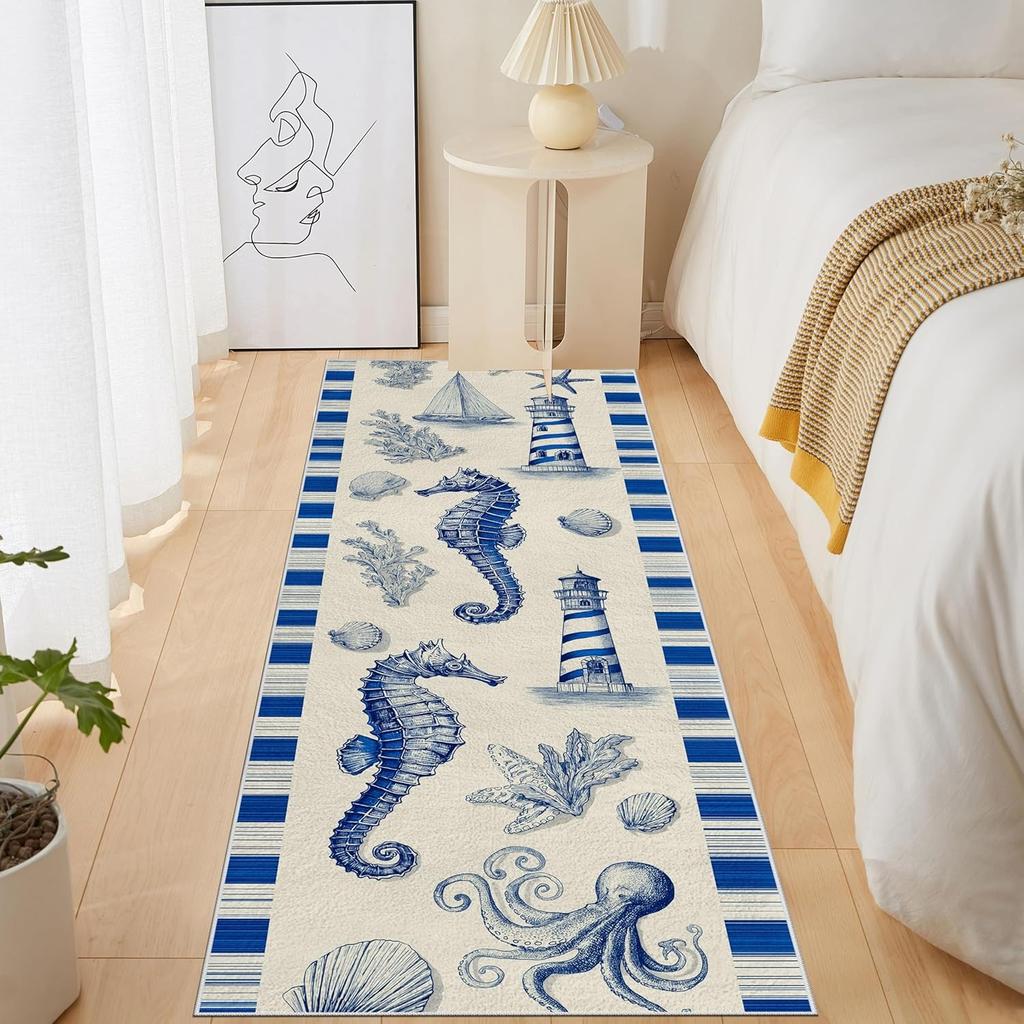 Underwater World Runner Rug Coral Starfish Shell Conch Seahorse Print Carpet Daily Home Decor Non-Slip Hallway Bedroom Floormat