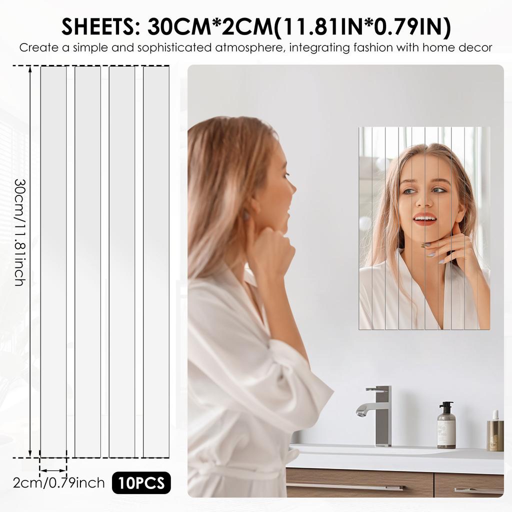 10 Pcs Striped Mirror Stickers Versatile Silver Mirror Wall Stickers Smooth Pretty Silver Acrylic Mirrors Strips for Home Decor