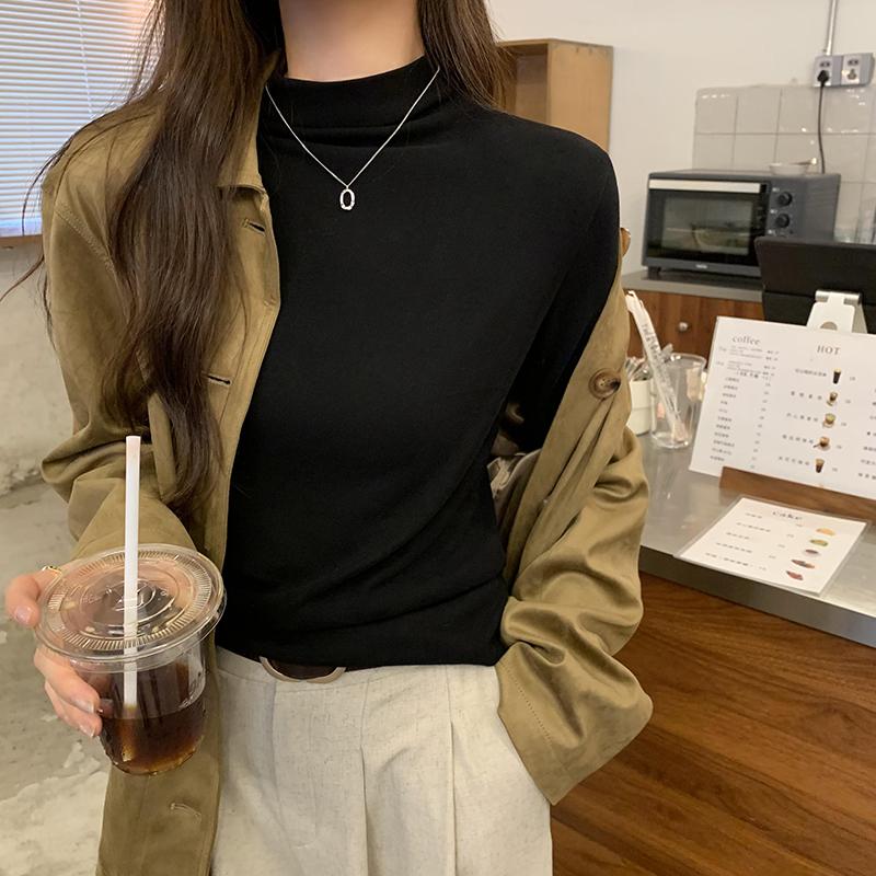 

Модная женская базовая водолазка с длинным рукавом, весна-осень 2024, новые однотонные облегающие тонкие футболки с внутренней частью, повседневная простая одежда 2322 XL чёрный
