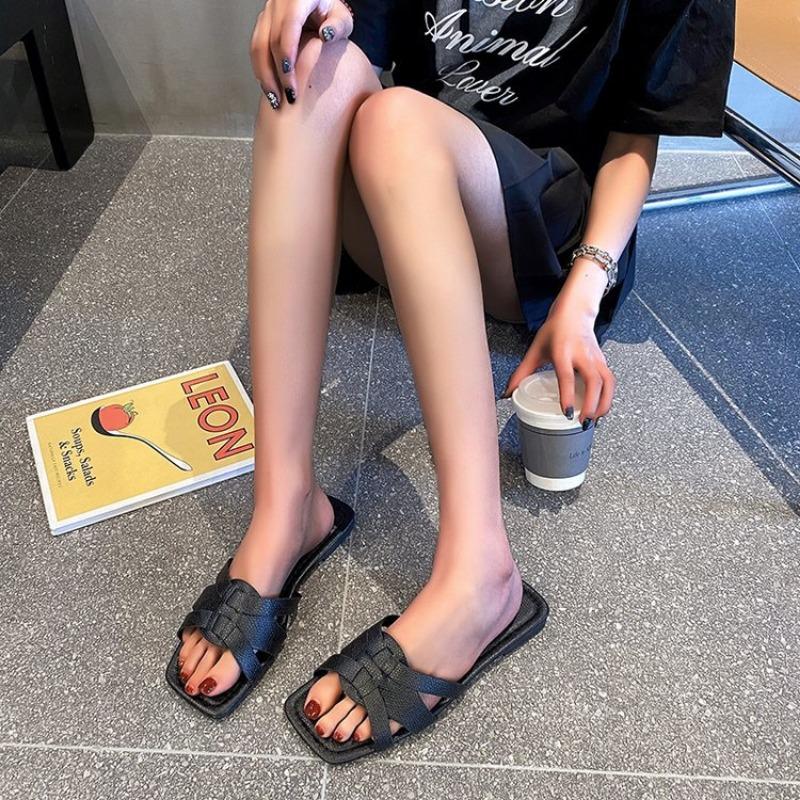 New Flat Shoes Women's Square Toe Breathable One-foot Slipper