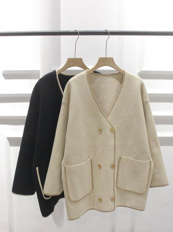 Korean V-Neck Loose Double-Breasted Color Block Knit Cardigan