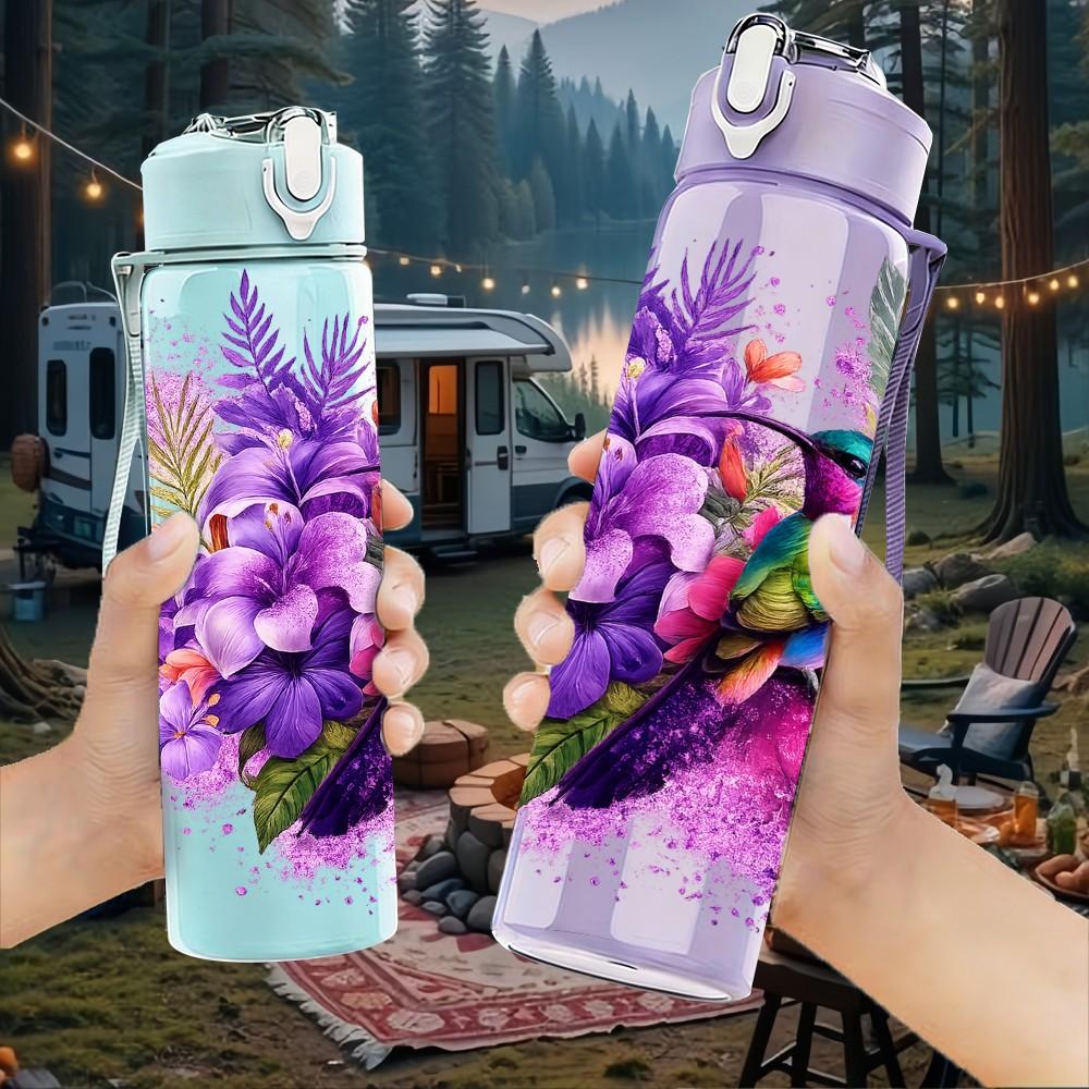 1PC Purple Parrot Tropical Bird Art Print 750ml Color Plastic Sports Water Bottle Leakproof Flip Straw Lid Suitable for Sports Office Home Use