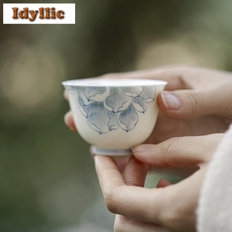 2pc/lot Hand-painted Blue And White Lotus Teacup Japanese Tea Bowl Mug Tea-tasting Personal Cup Chazhan Master Cups Teaware 50ml