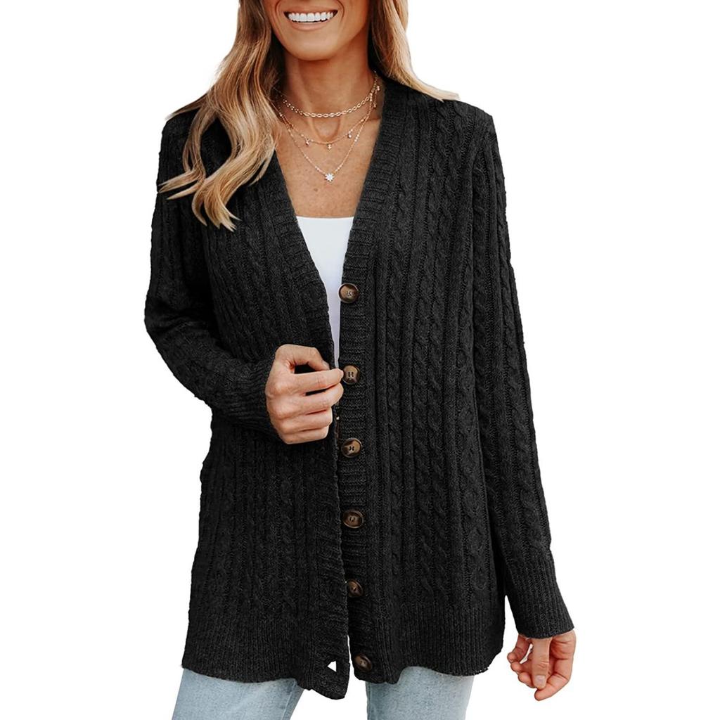 Women's V Neck Long Sleeve Cable Knit Cardigan Regular Fit Casual Sweater Coat