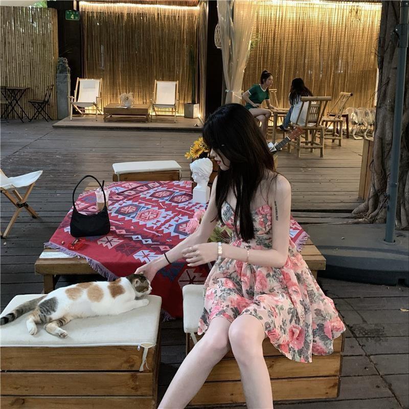 Floral Print Cami Dress Waist Slimming A-Line Skirt French Style Summer Fairy Dress for Women