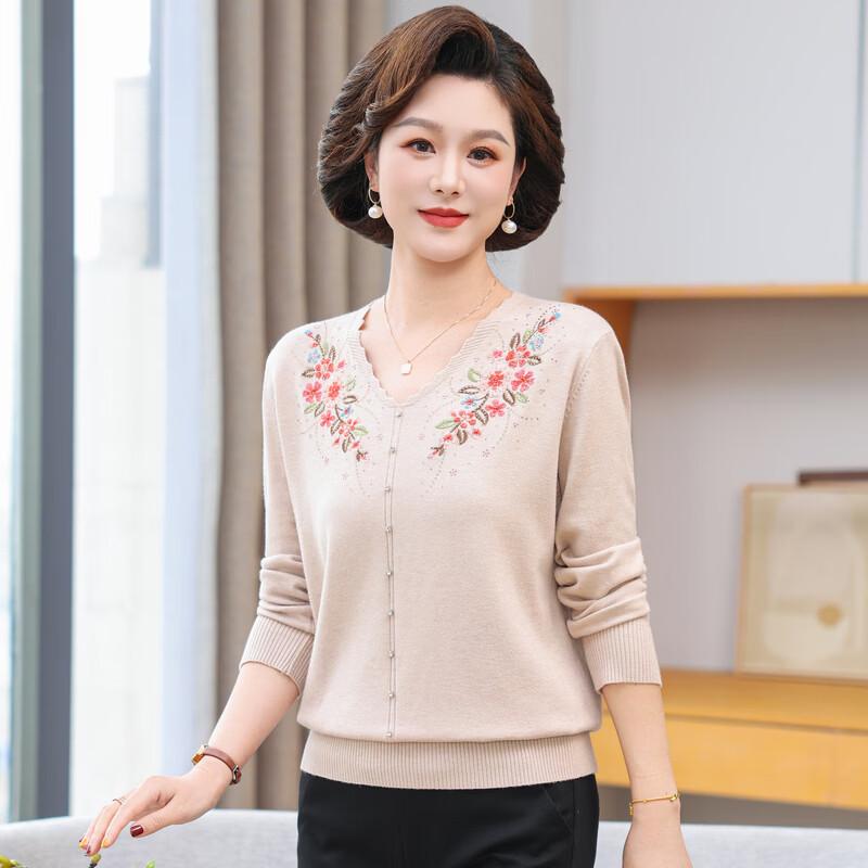 Hengyuanxiang Women's Floral Embroidered V-Neck Long Sleeve Knit Pullover