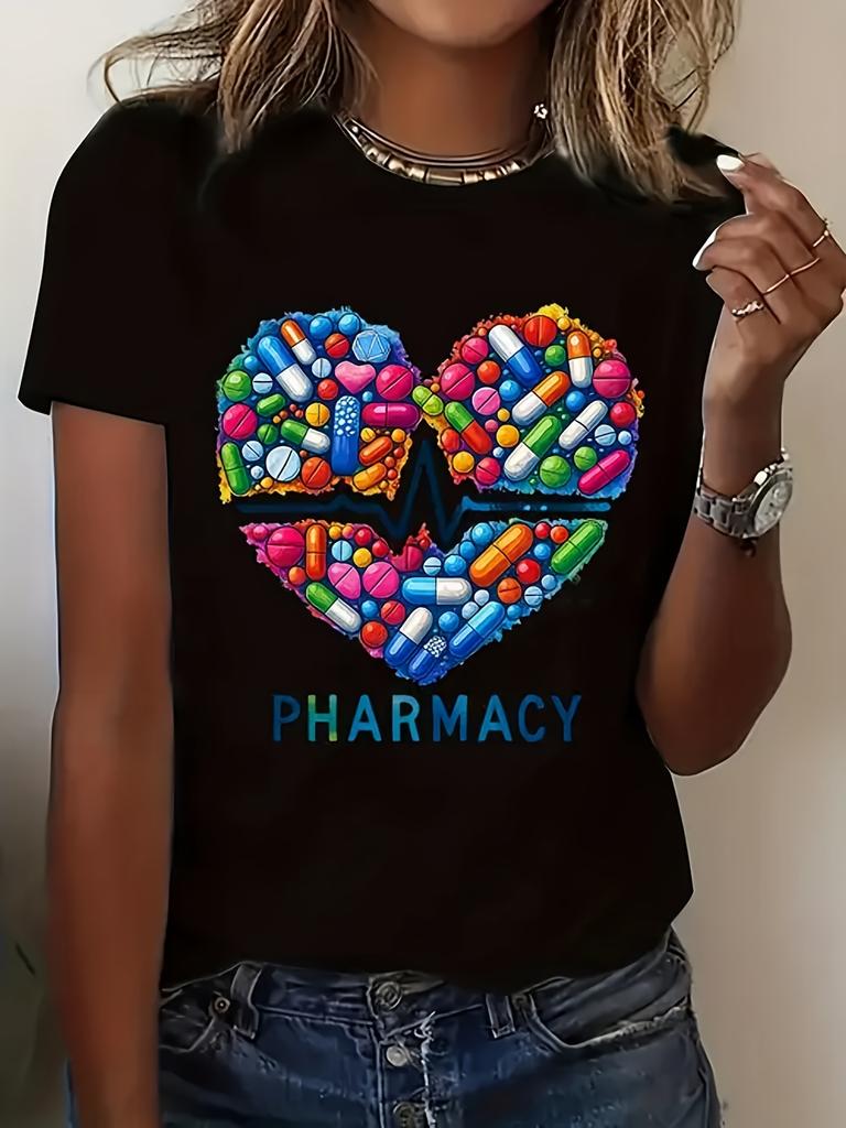 Damen Kurzarm T-Shirt mit Rundhalsausschnitt | Geeignet für den Frühling, Trendiger tropischer Musterdruck, Ideal für Freizeit, Reisen, Zuhause und Urlaubsoutfits
