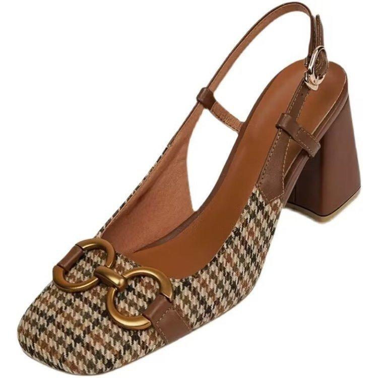 French Retro Square Head Horse Buckle Temperament Sandals Women's Summer 2025 New Plaid Bag Head Thick High Heels
