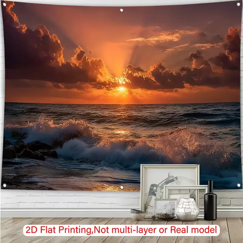 2D Tropical Sunset Tapestry, Crashing Ocean Waves for Bedroom Decor
