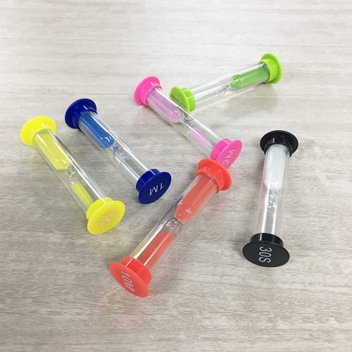 Set of 6 Colorful Plastic Sand Timers with 30 Second, 1 Minute, 2 Minute, 3 Minute, 5 Minute, and 10 Minute Functions for Toothbrushing, Time Manageme