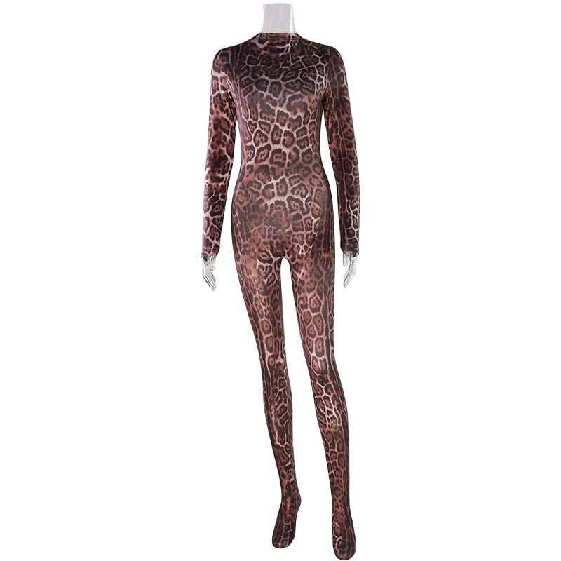 Европейский и американский 2025 года Пограничный Осенний и Зимний Женский Новый Модный Трендовый Леопардовый Принт Облегающий Повседневный Длинный Рукав Комбинезон Leopard print S