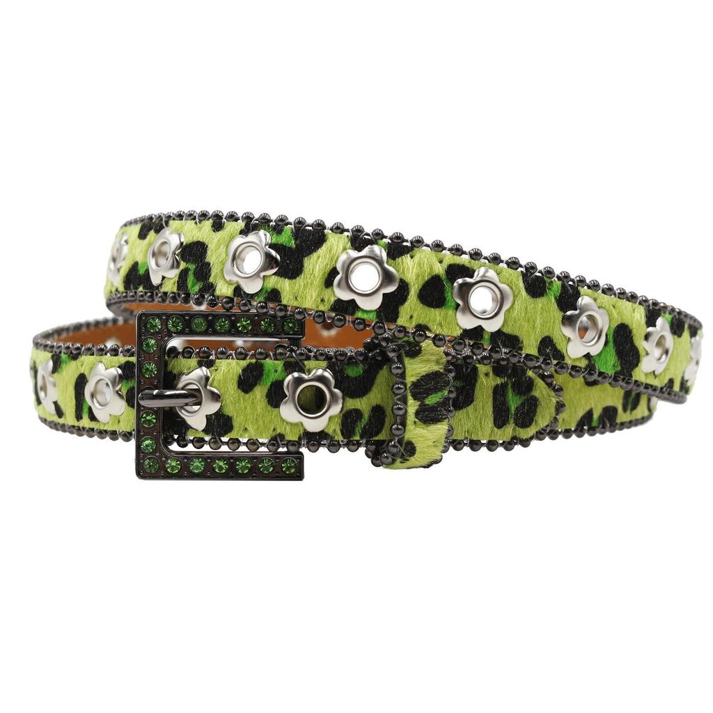 Luxury 2.3cm Leopard Print Leather Belt with Floral Eyelets & Rhinestones, No Punching Needed, Pin Buckle, Fully Diamond-Encrusted.