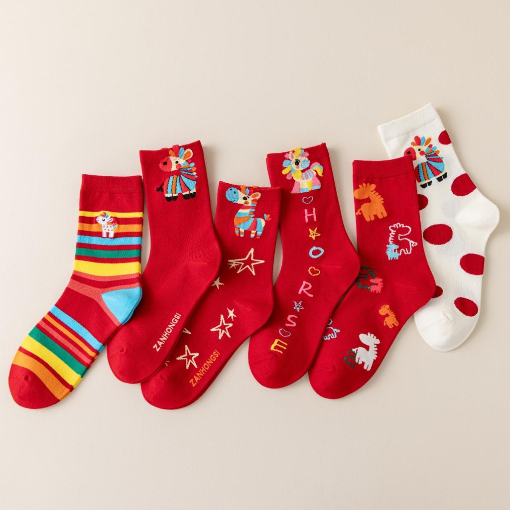1 Pair New Year Lucky Red Socks For Men Women Autumn Winter Warm Mid-Tube Socks Cartoon Pony Horse Socks Christmas Gifts