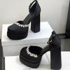 Luxury Crystal Design Chunky Platform Sandals Women Sexy Round Toe Super High Heeled Fashion Satin Ankle Strap Prom Pumps Female