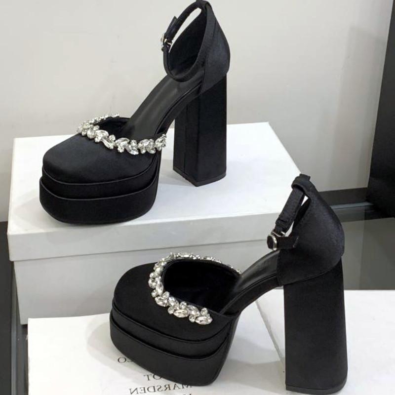 Luxury Crystal Design Chunky Platform Sandals Women Sexy Round Toe Super High Heeled Fashion Satin Ankle Strap Prom Pumps Female