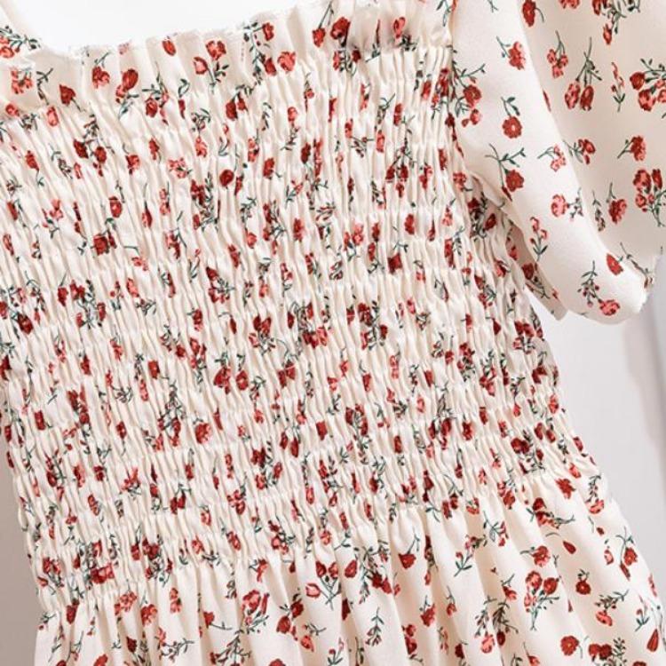 Women's Floral Print Chiffon Dress Casual Summer Autumn Short Sleeve Elastic Waist A-Line Midi Dress Fashion