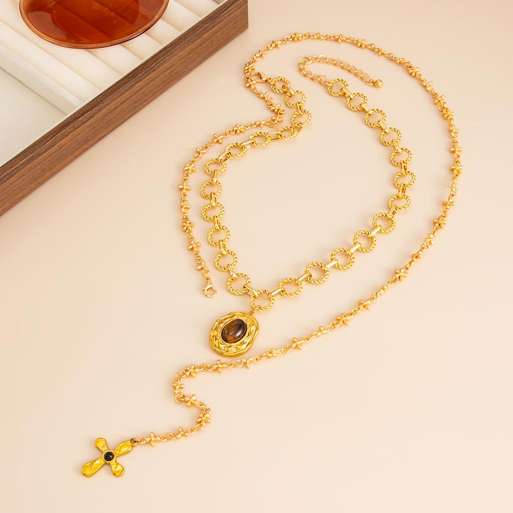 Melard Style Tiger Eye Stone Pendant Cross Necklace for Women Light Luxury Metallic Feel Round Splicing Collarbone Chain Gold Color