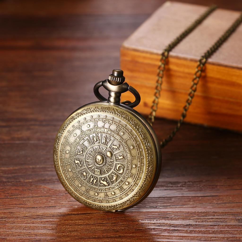Antique Pocket Watch Pendant Necklace Bronze with Zodiac Analog Display Zodiac Signs Waterproof Pocket Watch Chain Birthday Anniversary Christmas Day