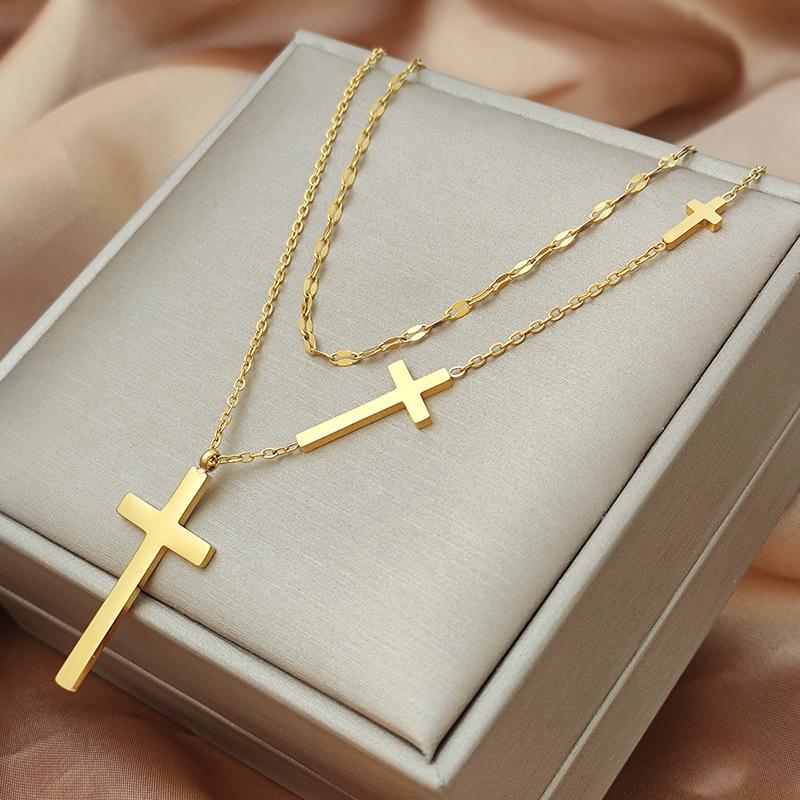 Stainless Steel Necklaces Cross Pendant Choker Multilayer Chain Double Stacked Wear Light Luxury Fine Necklace For Women Jewelry