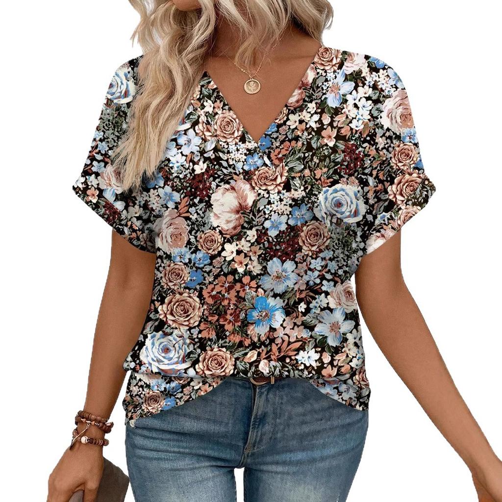 Women's Summer V Neck Striped T-shirt, Rolled Short Sleeve Loose Casual Color Block Stripe Daily Wear Blouse Tops