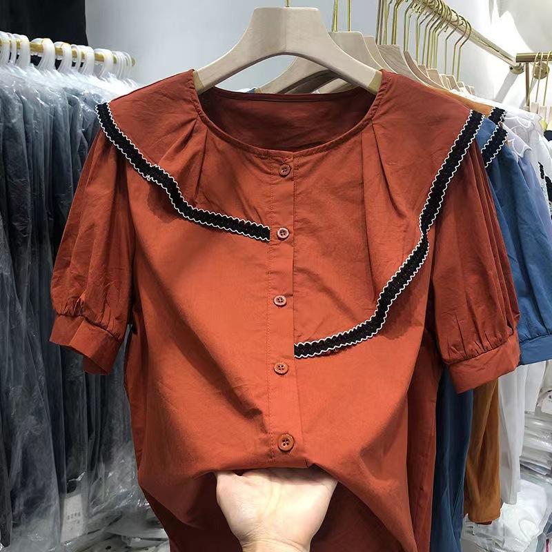 111% Pure Cotton Loose Shirt Women's 1116 Summer New Solid Color Round Neck Ruffle Edge Temperament Versatile Short-sleeved Shirt