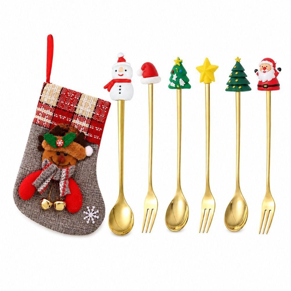 Tree/Star/Santa Motifs Stainless Steel Spoon Set Doll Design Mini Dessert Spoons  New Year