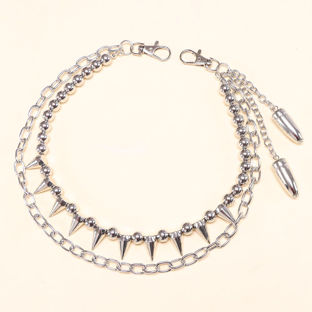 European & American Fashion Double-Layer Pant Chain with Rivets, Beads, and Bullet Pendant