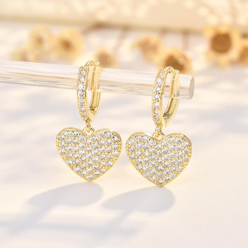Gold Plated Heart Shaped Earrings for Women with Zirconia Embedded Copper Jewelry Clip On Fashion Accessories