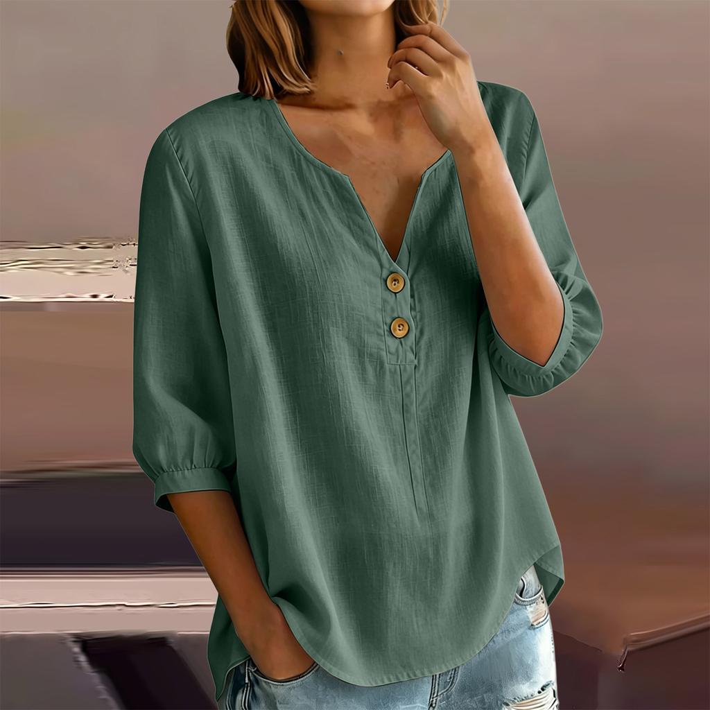 Women's Casual Linen Blend Henley Button Neck Shirt Three Quarter Sleeve Lightweight Loose Fit Top for Everyday Wear