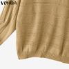 VONDA Autumn Winter Women Scoop Neck Long Sleeve Knitted Hollow Sweater Jumper Tops