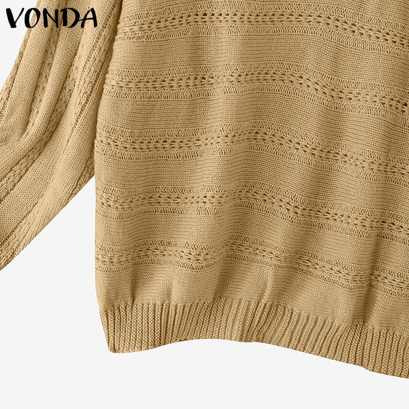 VONDA Autumn Winter Women Scoop Neck Long Sleeve Knitted Hollow Sweater Jumper Tops