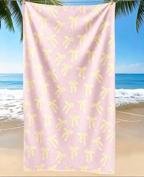 Pink Bow Print Beach Towel, Microfiber Large Sand Free Quick Dry, Cute Coquette Aesthetic, Soft Absorbent Beach Towel Bathroom