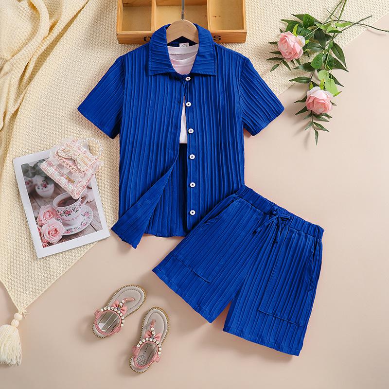 

Детская одежда, летнее детское платье для мальчиков и девочек от 6 до 12 лет, однобортная рубашка с короткими рукавами и костюм из шорт.