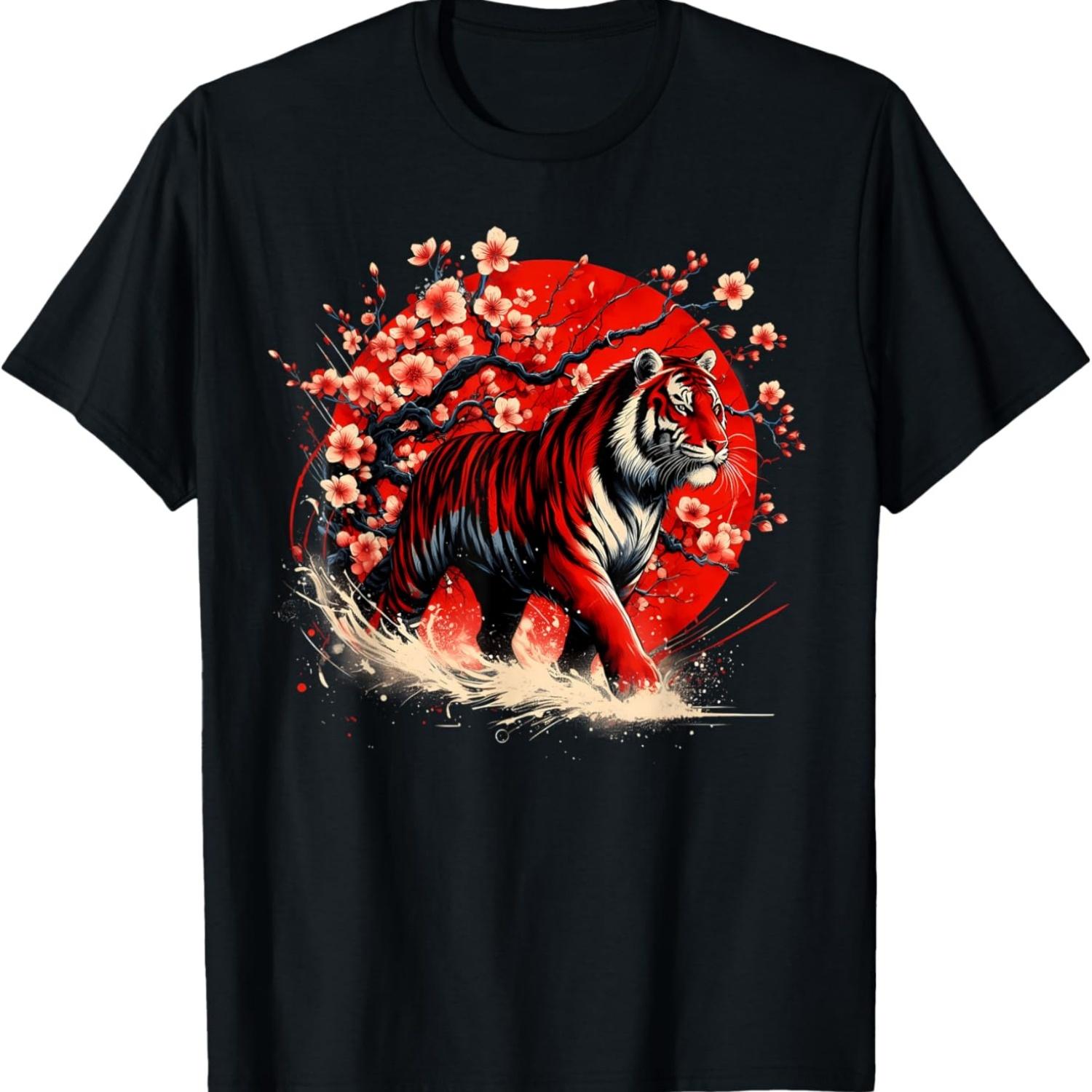 Винтажная футболка с традиционным азиатским рисунком цветущей сакуры и тигром(1) S чёрный