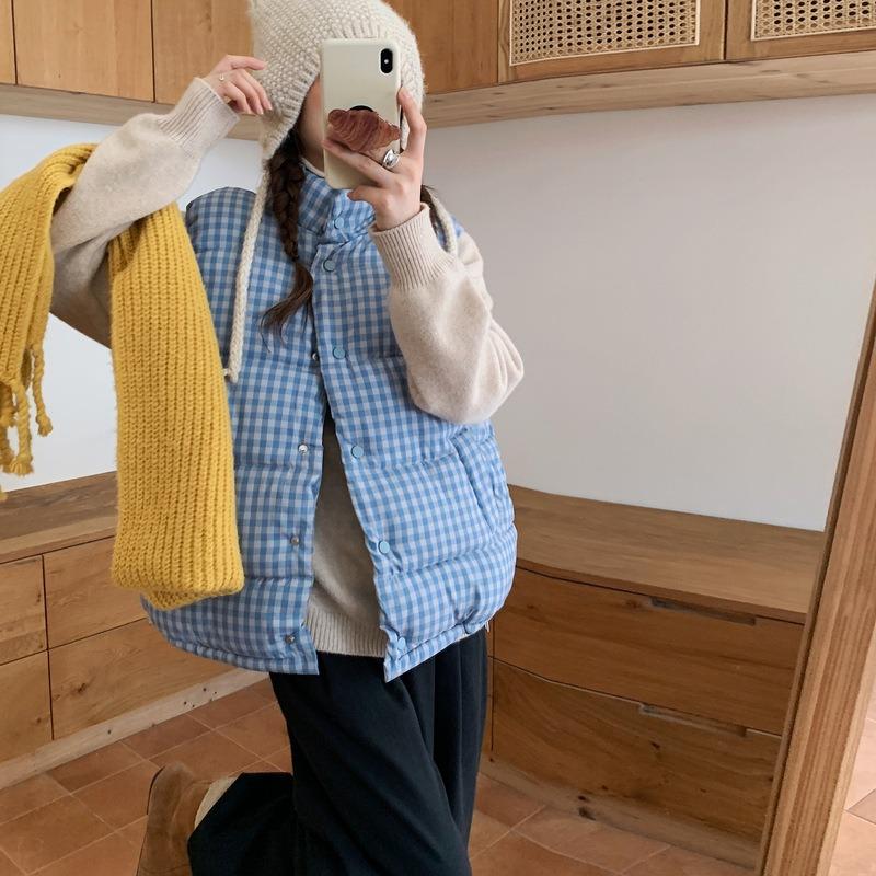 Autumn and winter women's short cotton vest stand-up collar loose literary small fresh blue plaid retro cotton vest jacket