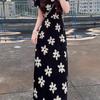 Elegant French Style Black Floral V-Neck Dress for Women - Slimming & Tummy Concealing