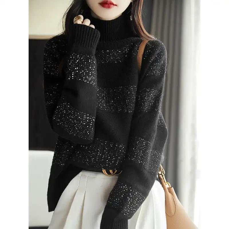 Sweater for Women Autumn Winter Thickened Pullover Warm Knitted Striped Layer Stretchy Long Sleeve Jumper Tops