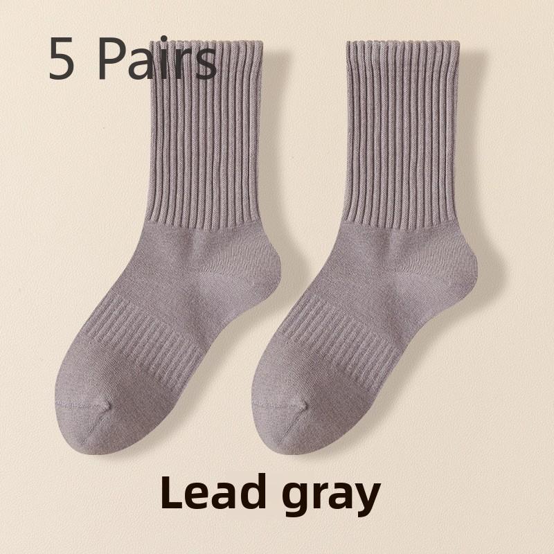 5 Pairs of Women's Spring and Fall Solid Color Sports Cotton Tide Mid Tube Pile Socks