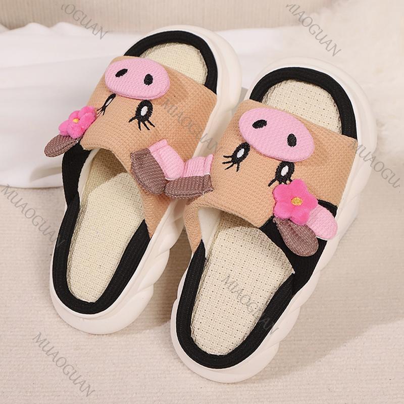 Fashion Cute Cow Thick Bottom Linen Slippers Women 2025 Winter Comfort Home Cotton Slippers Woman Flat Heels Non Slip Indoor Shoes Slide