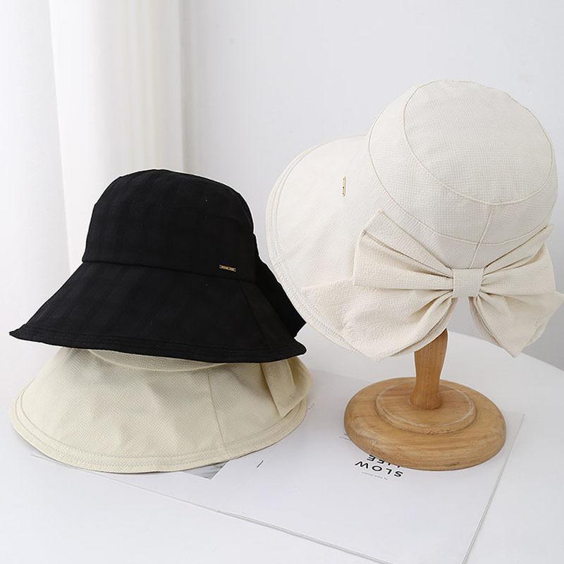 New hat women's spring summer bow basin hat fashion show face small bucket hat can tie ponytail sun hat
