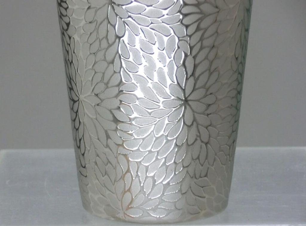 Transparent Platinum Tumbler with Chrysanthemum Wooden Made in Japan J-kitchens Ultra-Thin, Design, 370ml, Box,